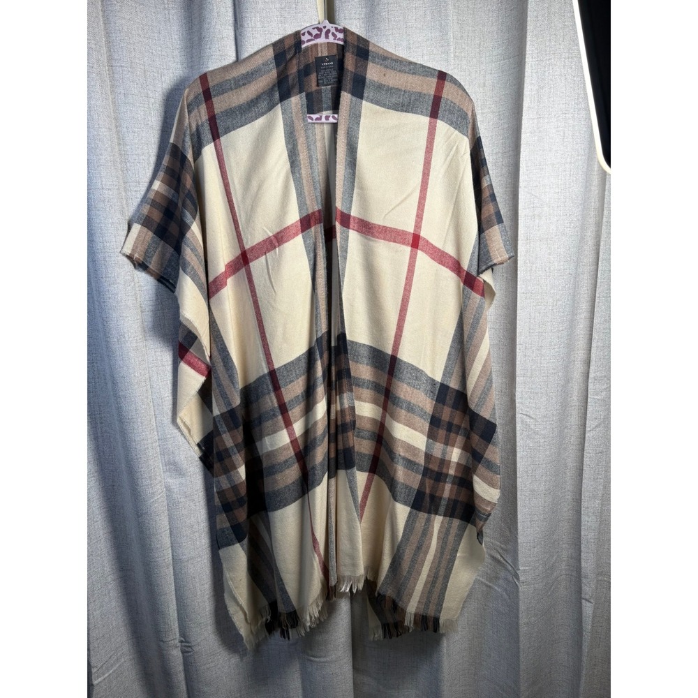 V. Fraas Plaid Wrap Ruana Tan Brown Red Acrylic Open Front Poncho Shawl